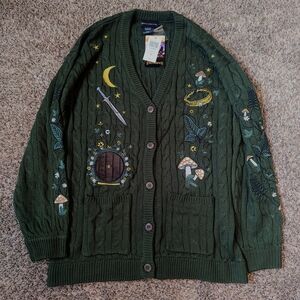 Hot Topic Lord of the Rings Green Embroidered Cardigan Sweater